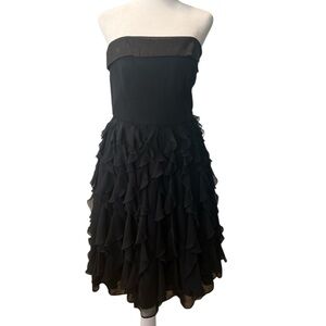 WHBM Black Strapless Ruffle Tiered Chiffon Cocktail Dress Waterfall Skirt Size 4